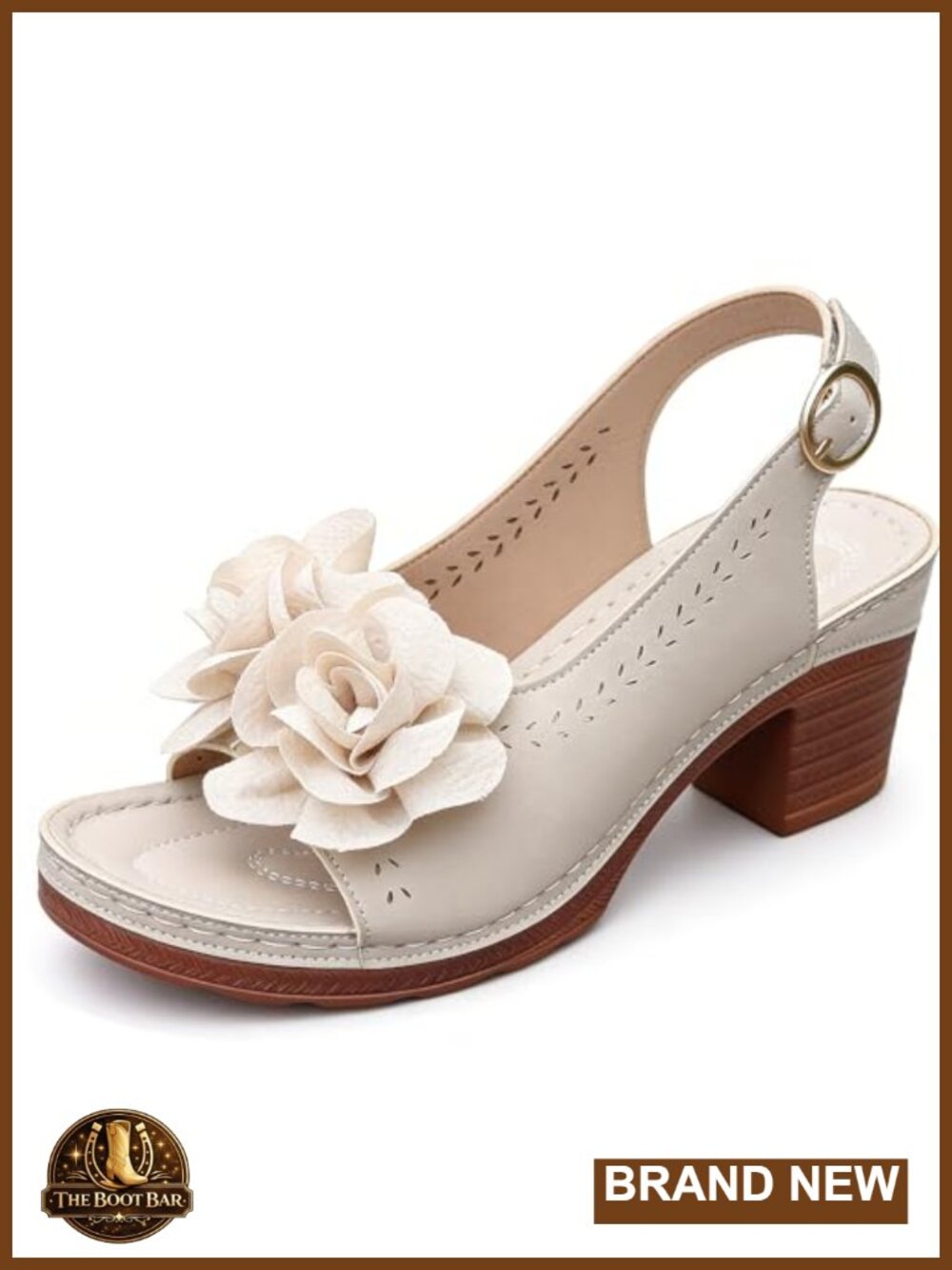 Womens Floral Block Heel Sandals Open Toe Ankle Strap Faux Leather Summer Party